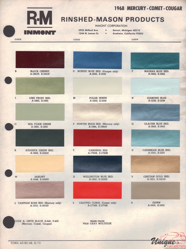 1968 Mercury Paint Charts Rinshed-Mason